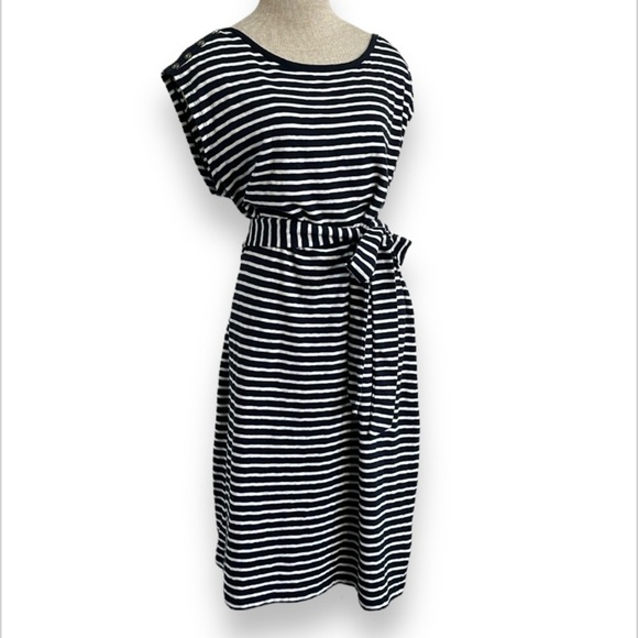 Talbots Women's Size 1X p T Shirt Shift Dress Belted Knit Navy Blue Stripes - Picture 1 of 12